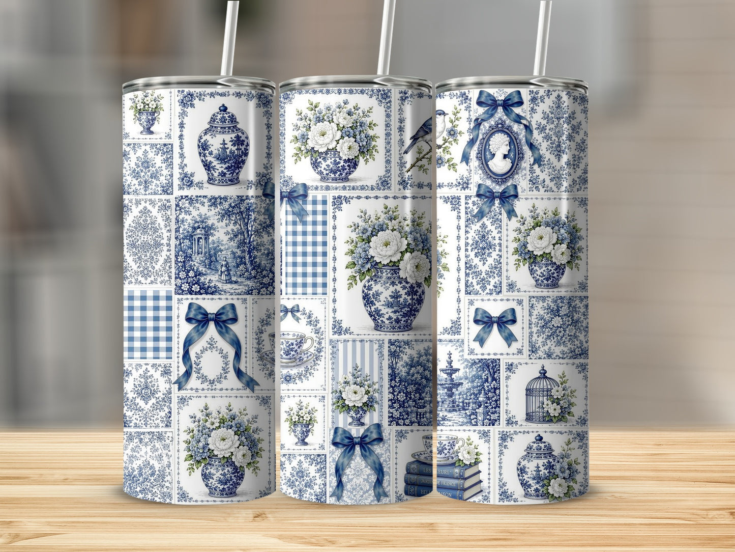Tumblers with blue and white toile patterns and floral designs.