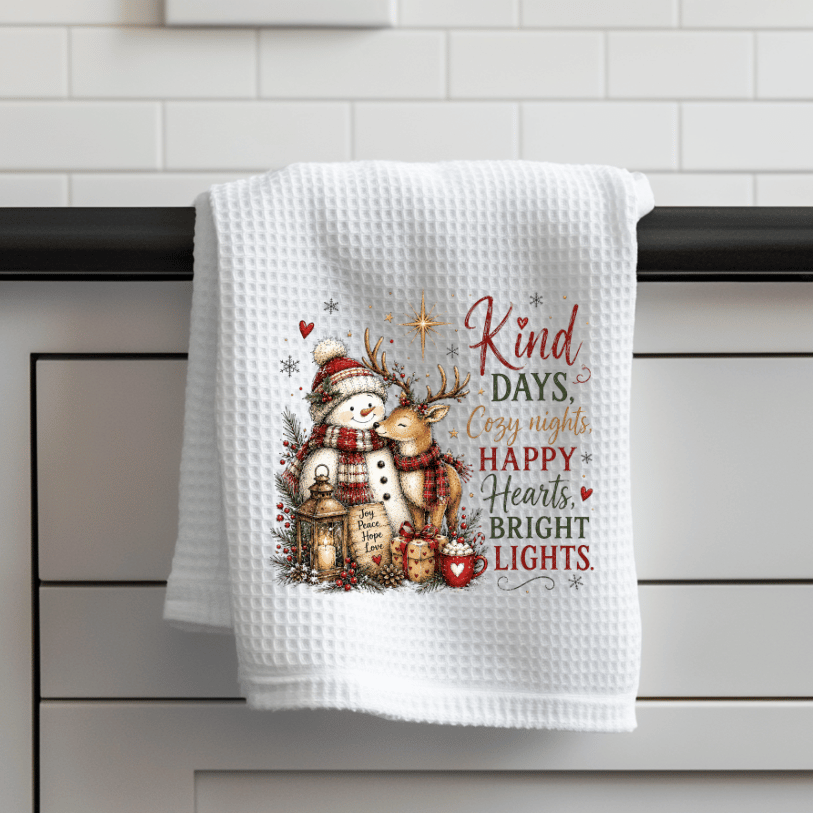 Snowman & Reindeer Christmas Waffle Weave Kitchen Towel – Bright Lights