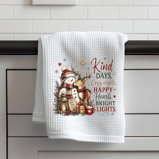 Snowman & Reindeer Christmas Waffle Weave Kitchen Towel – Bright Lights