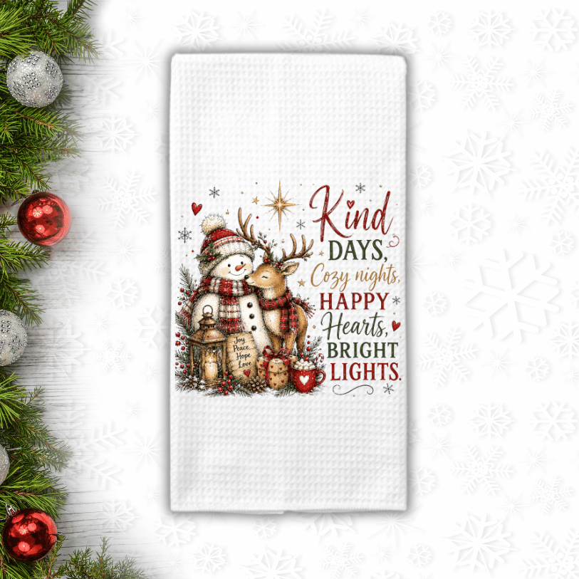 Snowman & Reindeer Christmas Waffle Weave Kitchen Towel – Bright Lights