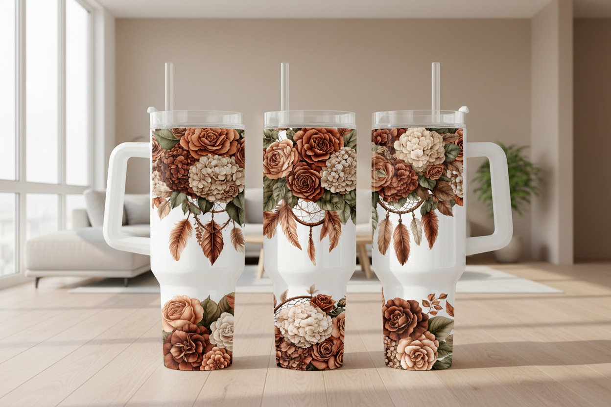 Three views of a white handled tumbler with a clear lid and straw, decorated with a floral and dreamcatcher print in warm brown, beige, and green tones, shown on a white background.