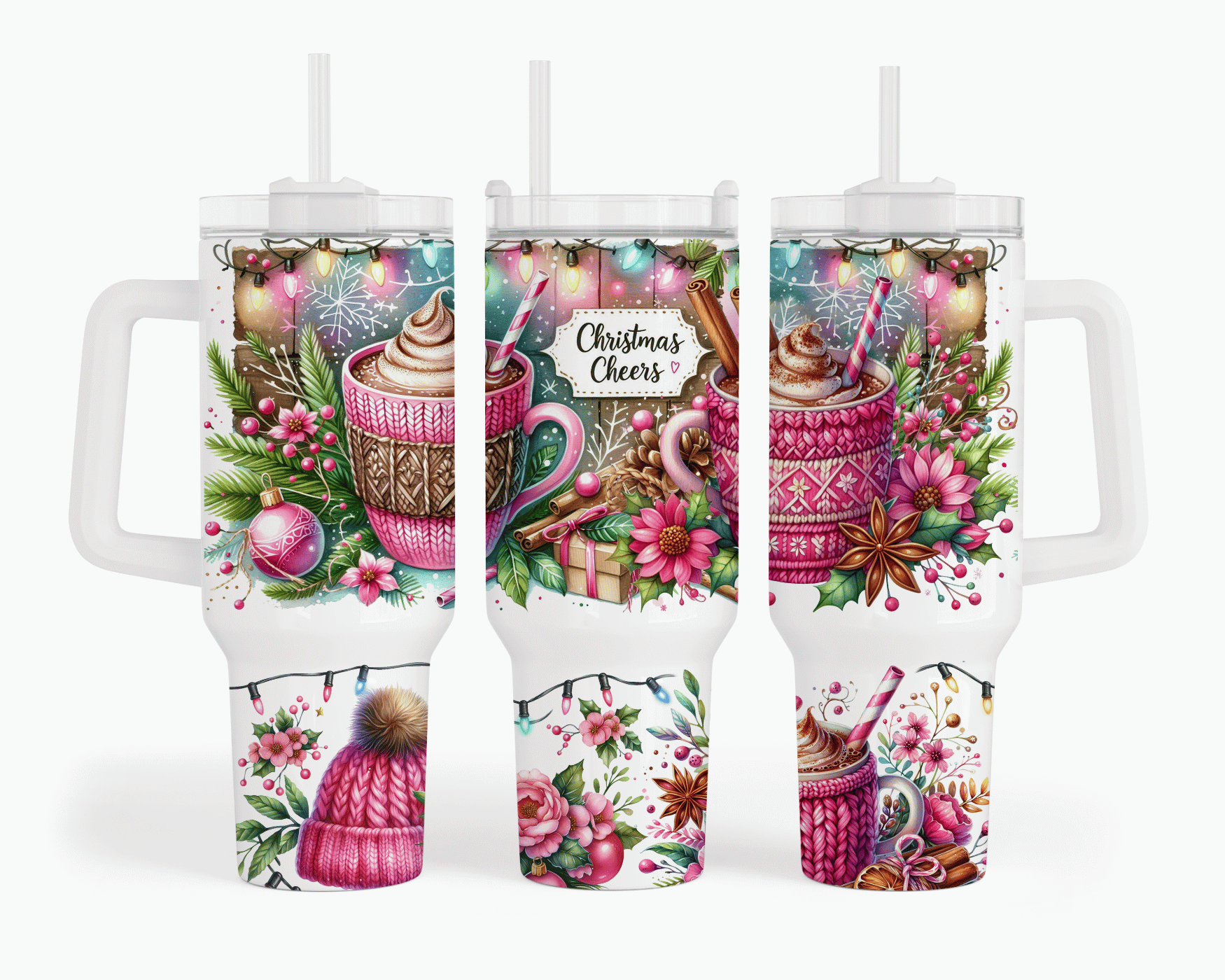 Christmas Cheers 40 oz tumbler with hot cocoa, pink poinsettias, ornaments, string lights, and cinnamon sublimation print