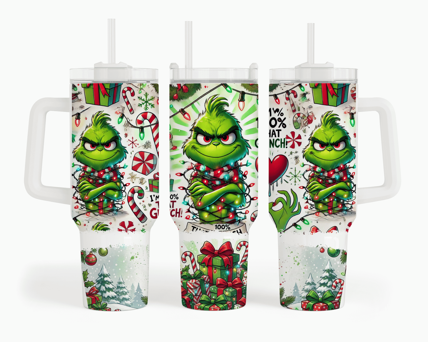 I'm 100% That Grinch 40 oz tumbler with grumpy Grinch wrapped in Christmas lights, candy canes, gifts, and snowflakes sublimation print