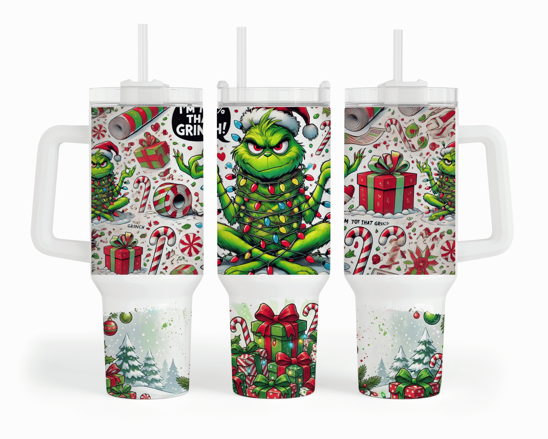 I'm That Grinch Christmas Lights 40 oz tumbler with comic-style Grinch tangled in colorful lights, candy canes, and gift boxes sublimation print