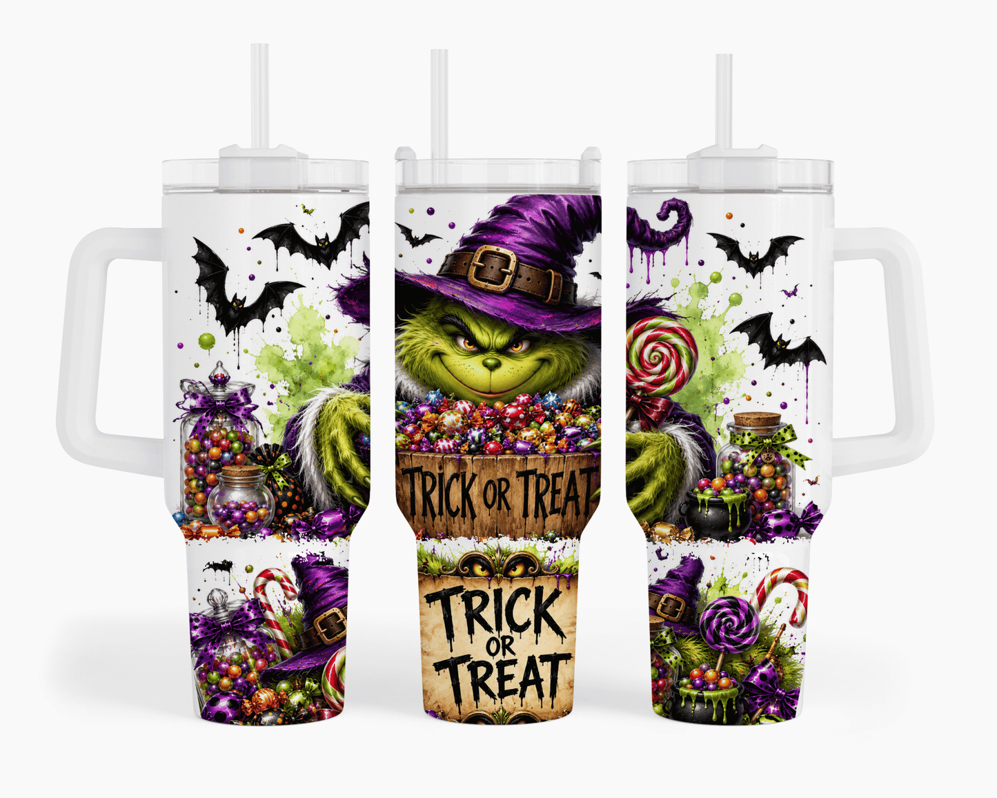 Grinch Trick or Treat Halloween 40 oz tumbler with Grinch in purple witch hat, candy bucket, bats, lollipops, and green slime sublimation print