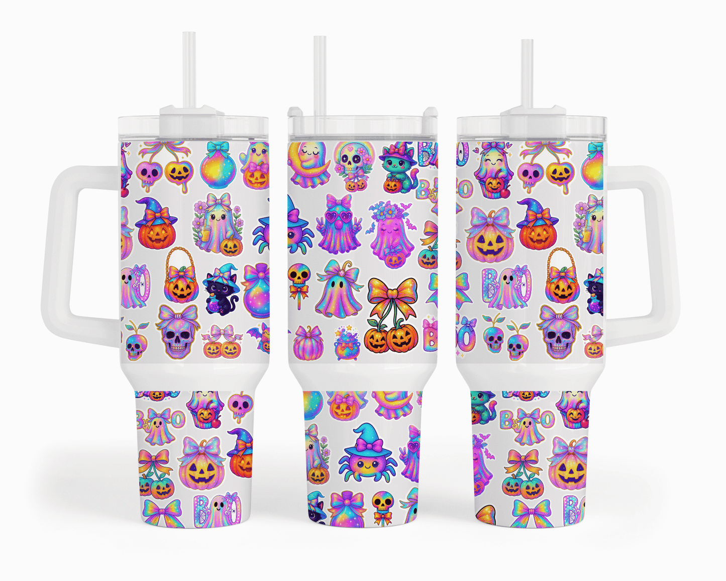 Kawaii Halloween Boo 40 oz tumbler with holographic neon ghosts, pumpkins, black cats, skulls, bats, and bows sublimation print on white background