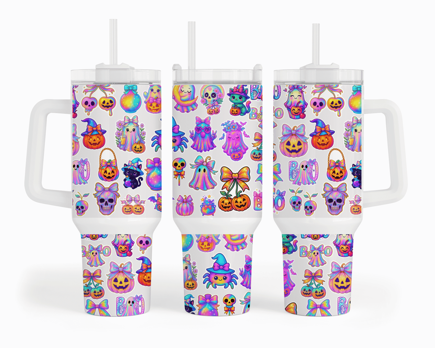 Kawaii Halloween Boo 40 oz tumbler with holographic neon ghosts, pumpkins, black cats, skulls, bats, and bows sublimation print on white background