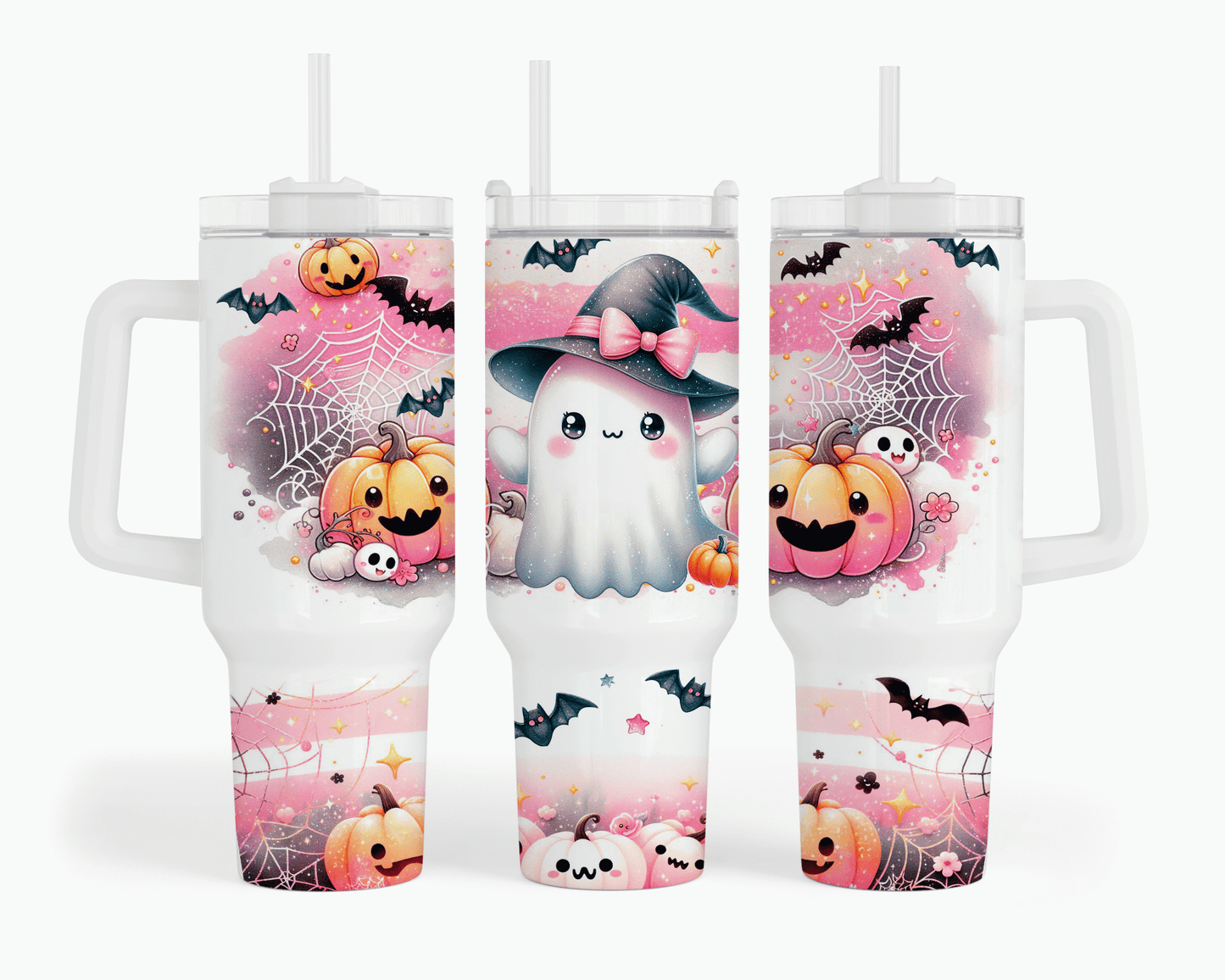 Kawaii Witch Ghost Pink Halloween 40 oz tumbler with cute ghost in black witch hat and pink bow, smiling pumpkins, bats, and spider webs on pink watercolor sublimation print