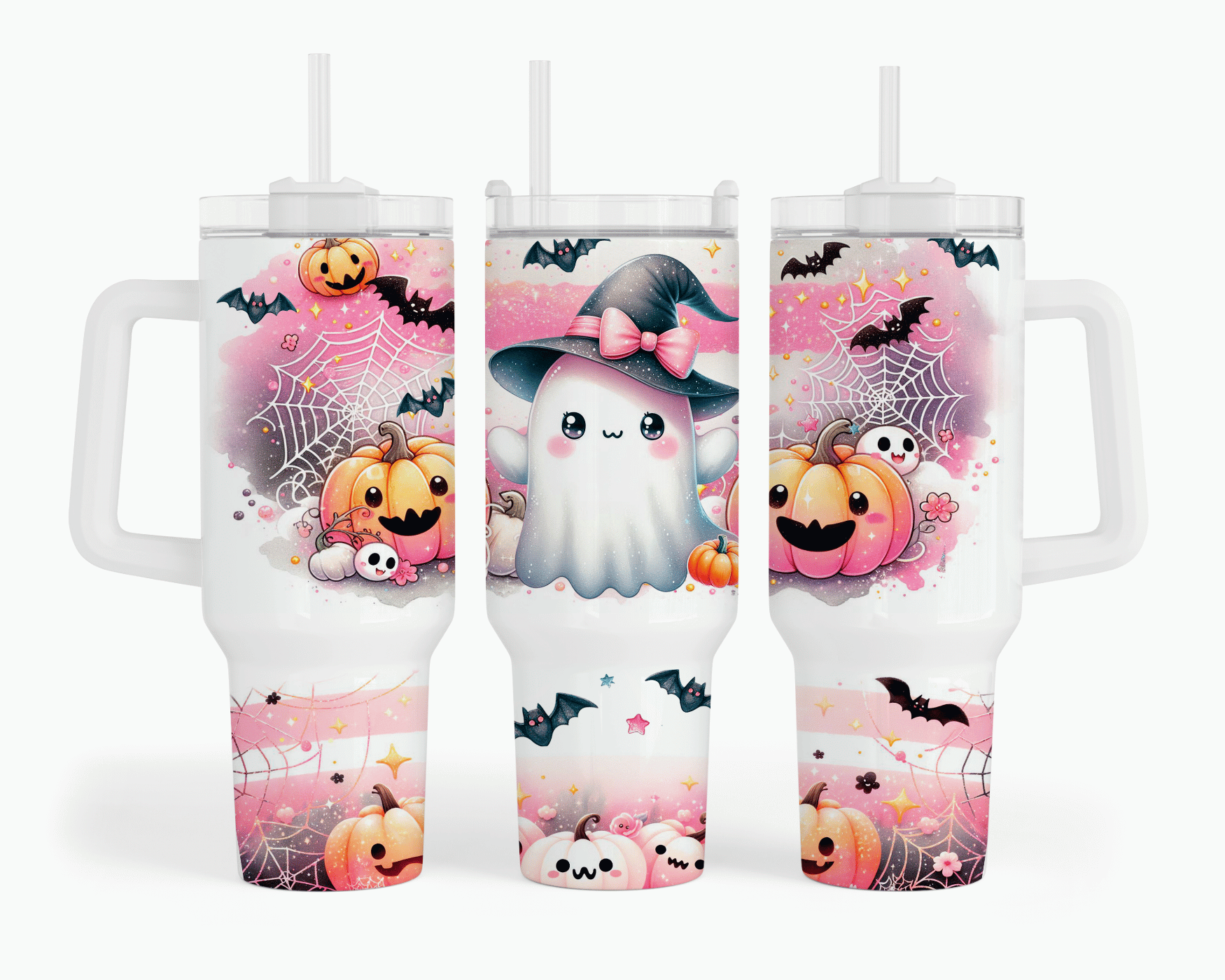 Kawaii Witch Ghost Pink Halloween 40 oz tumbler with cute ghost in black witch hat and pink bow, smiling pumpkins, bats, and spider webs on pink watercolor sublimation print