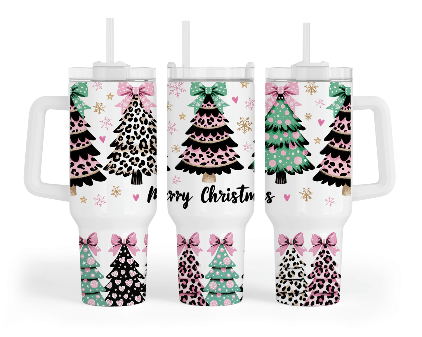 Merry Christmas Leopard Trees Pink Bow 40 oz Tumbler