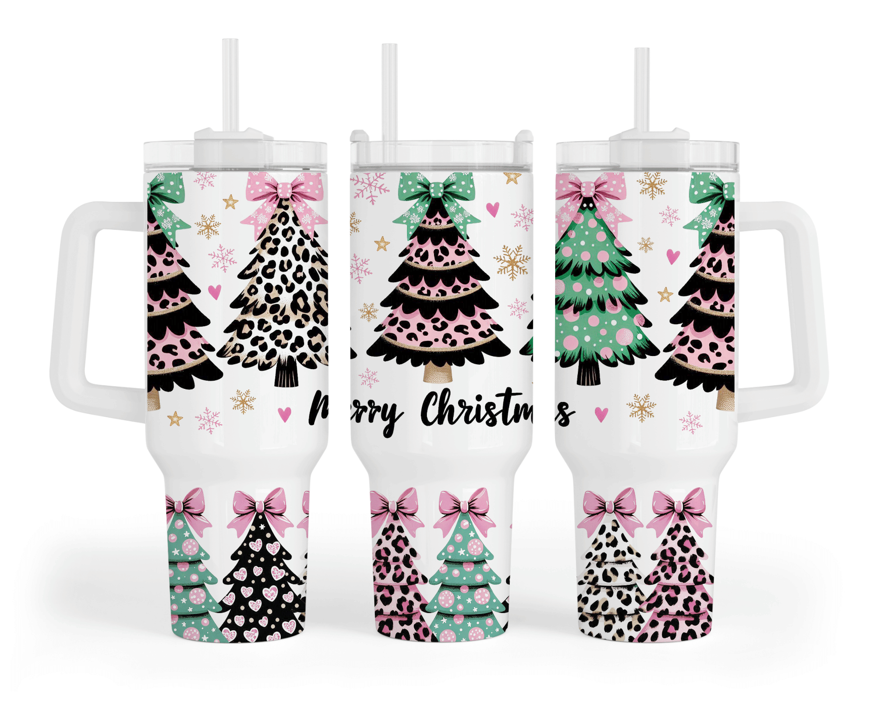 Merry Christmas Leopard Trees Pink Bow 40 oz tumbler with leopard print and polka dot Christmas trees, pink and green bows, gold snowflakes, and Merry Christmas script sublimation print