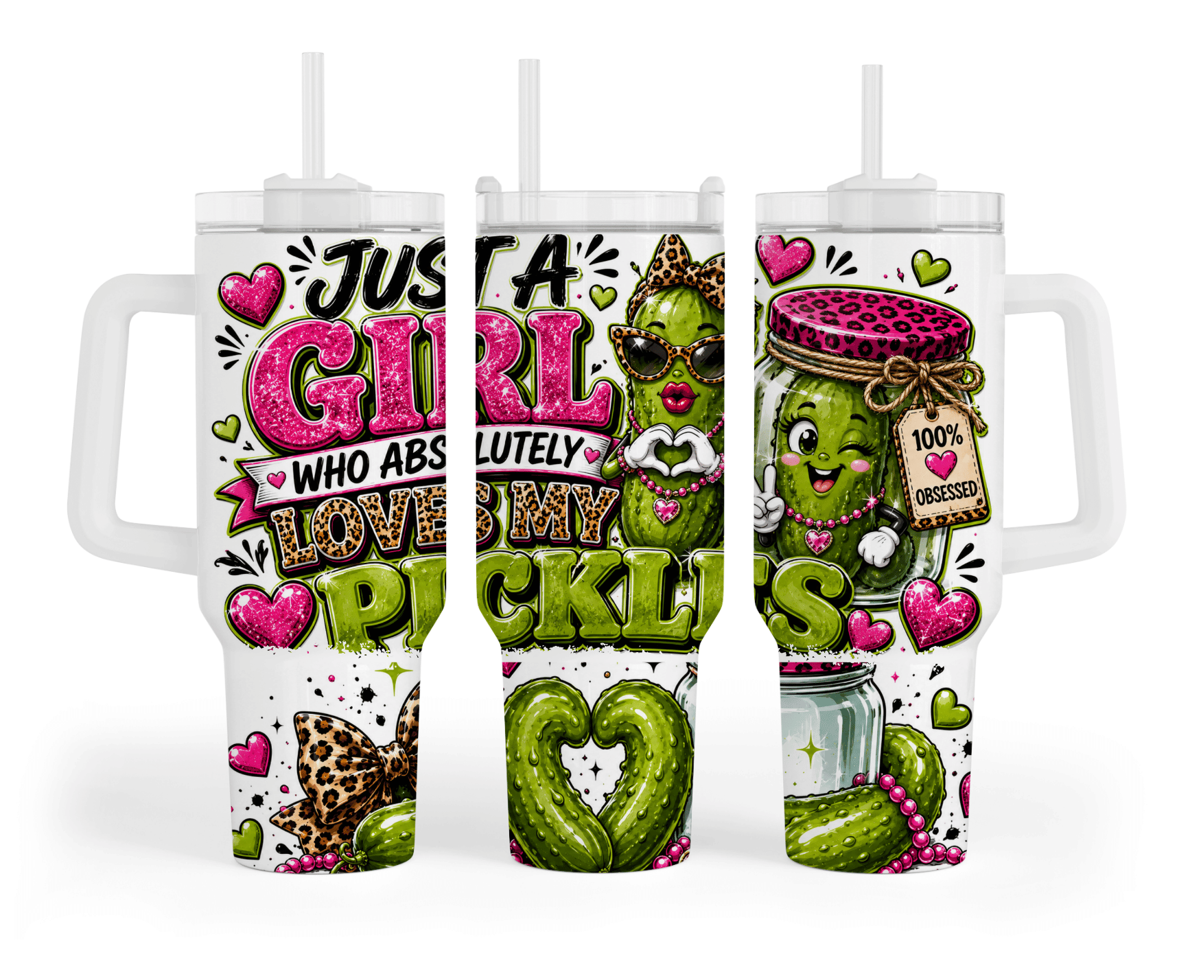 Just a Girl Who Absolutely Loves Pickles 40 oz tumbler with glamour pickle in sunglasses and pearls, leopard pickle jar, and pink glitter hearts sublimation print