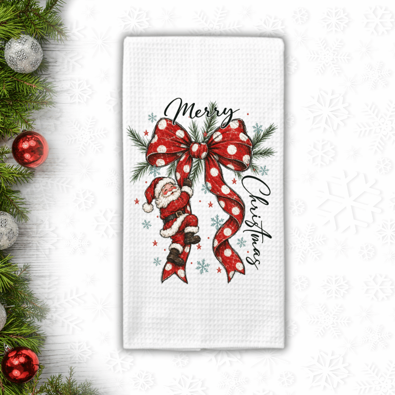 Merry Christmas Santa & Polka Dot Bow Waffle Weave Kitchen Towel