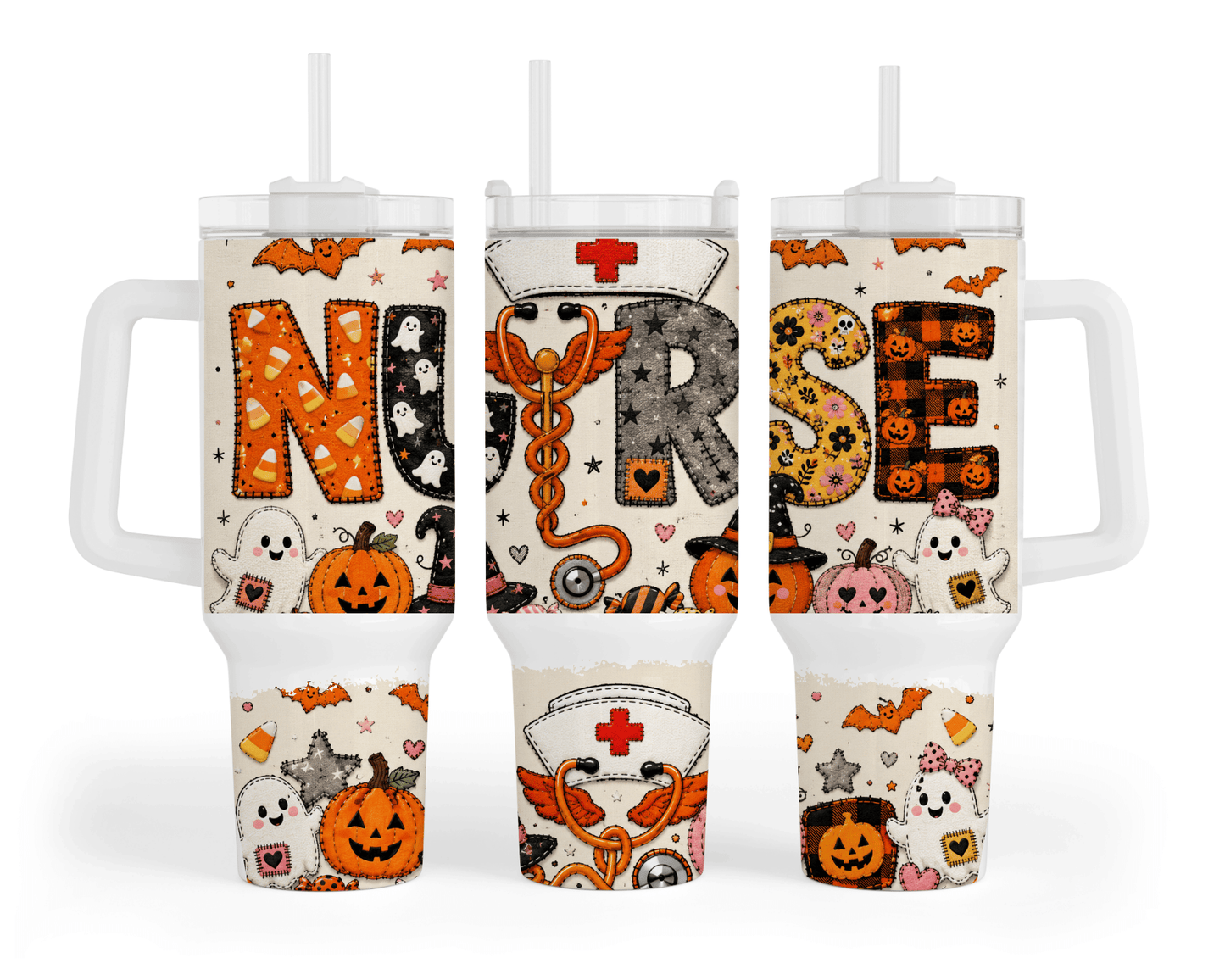 Three white handled tumblers with straws shown from different angles to display a Halloween-themed nurse print. The design features the word 'NURSE' in large patterned letters alongside cute illustrations of pumpkins, ghosts, bats, and a nurse hat.