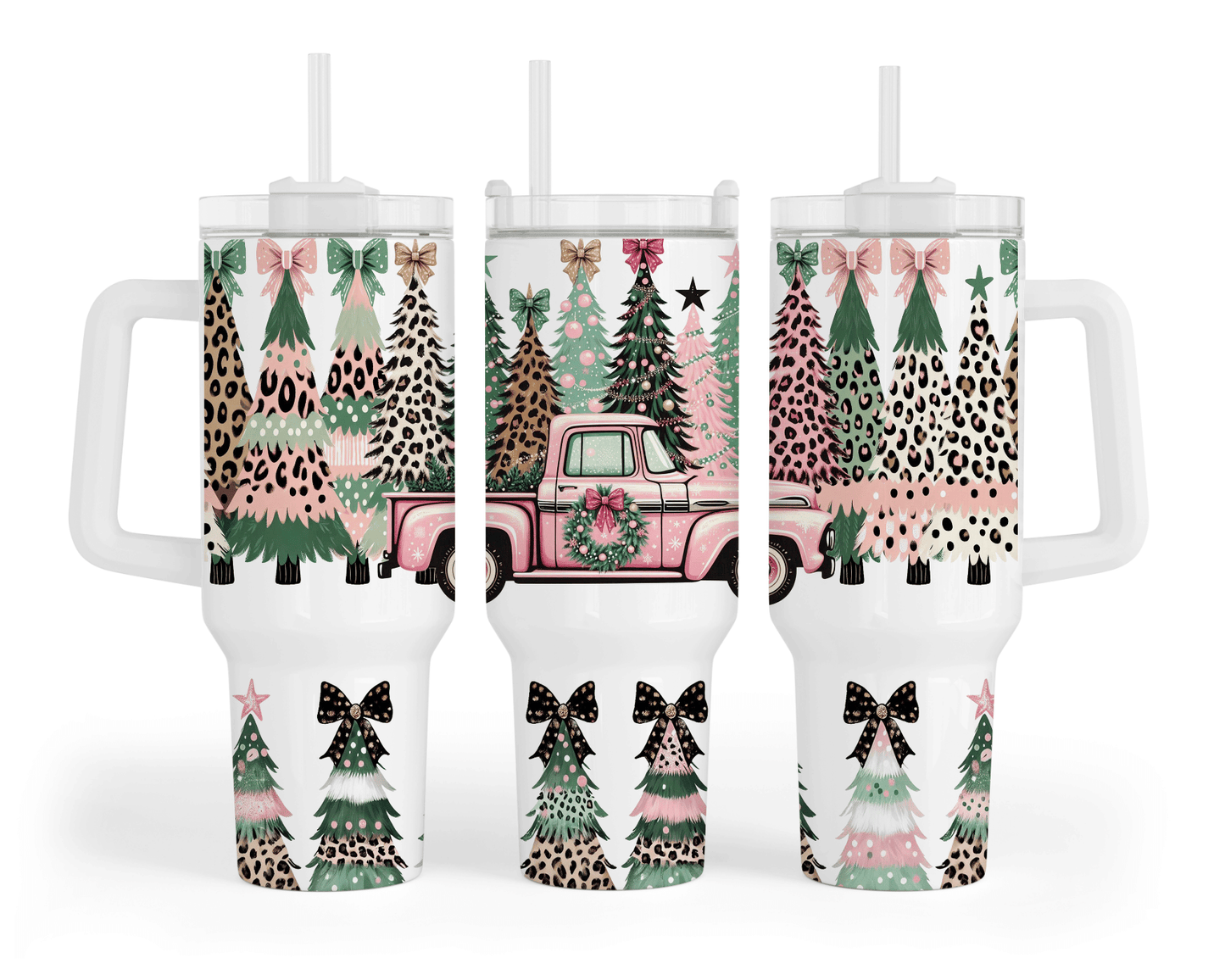 Pink Christmas Truck Leopard Trees Bow 40 oz Tumbler