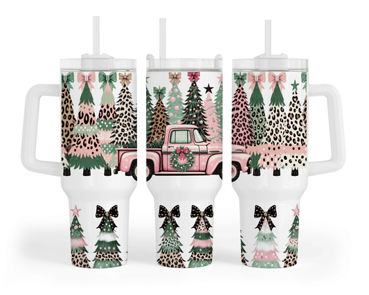 Pink Christmas Truck Leopard Trees Bow 40 oz Tumbler