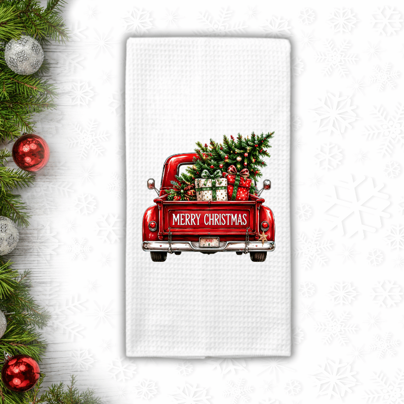 Red Truck Christmas Waffle Weave Kitchen Towel – Merry Christmas