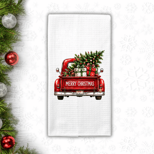 Red Truck Christmas Waffle Weave Kitchen Towel – Merry Christmas