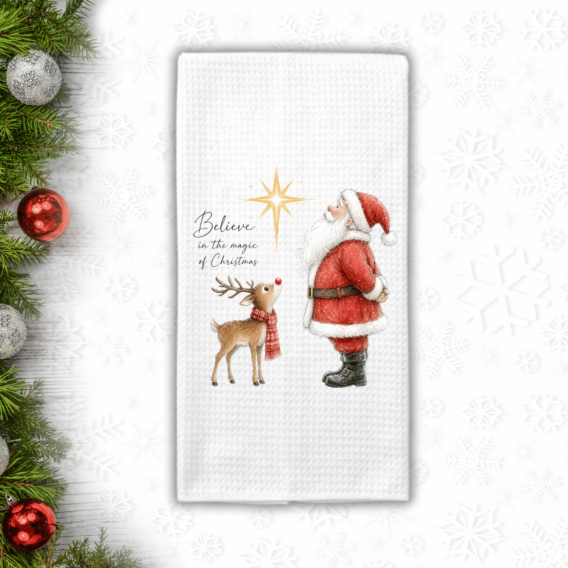 Santa & Reindeer Christmas Waffle Weave Kitchen Towel – Believe in the Magic