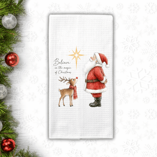 Santa & Reindeer Christmas Waffle Weave Kitchen Towel – Believe in the Magic