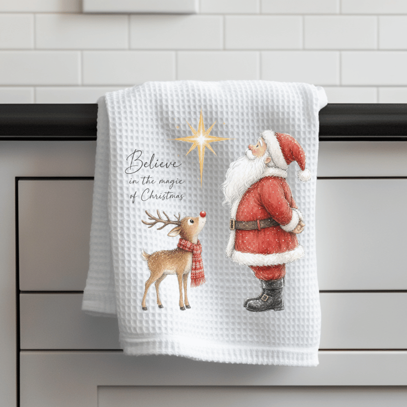 Santa & Reindeer Christmas Waffle Weave Kitchen Towel – Believe in the Magic