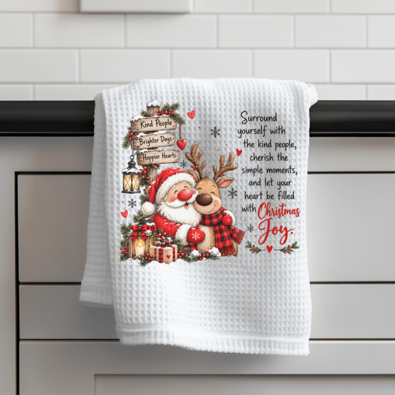Christmas Joy Santa & Reindeer Waffle Weave Kitchen Towel