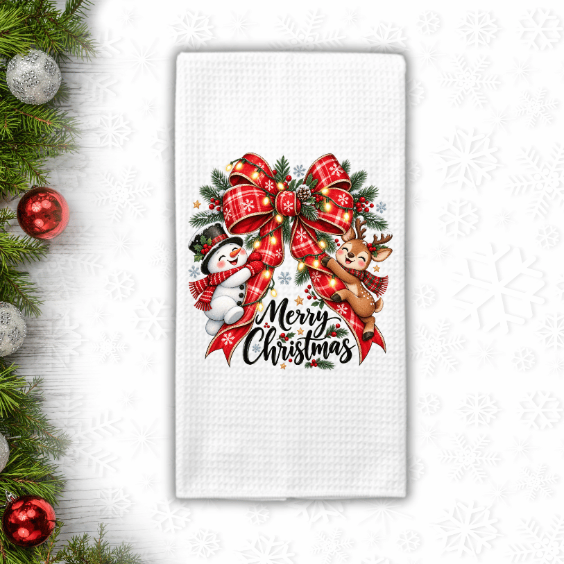 Snowman & Reindeer Christmas Bow Waffle Weave Kitchen Towel