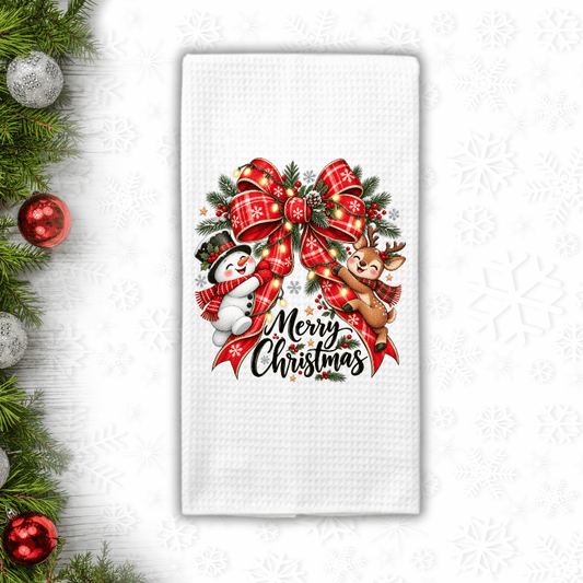 Snowman & Reindeer Christmas Bow Waffle Weave Kitchen Towel