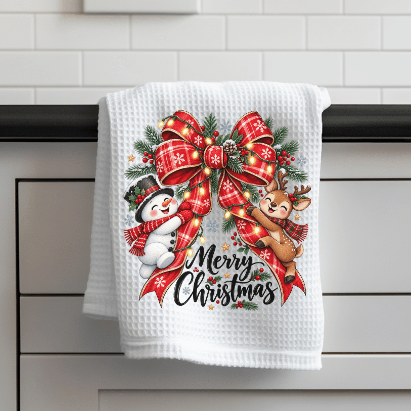 Snowman & Reindeer Christmas Bow Waffle Weave Kitchen Towel
