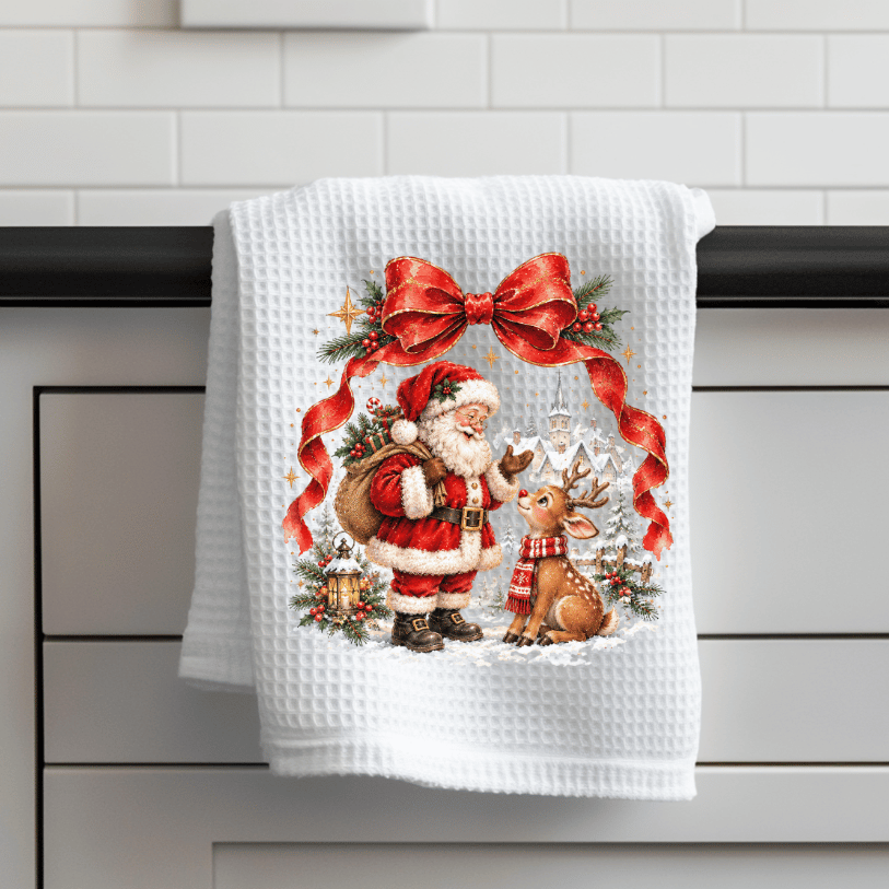 Vintage-Style Santa & Reindeer Christmas Bow Waffle Weave Kitchen Towel