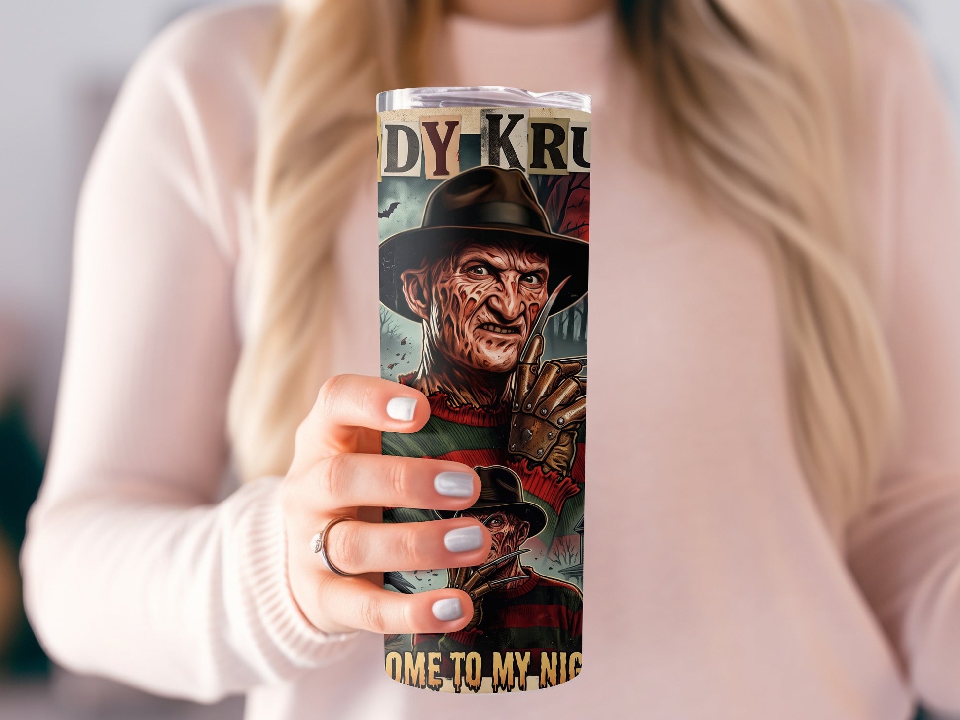 Tumbler with Freddy Krueger art and text "DY KRU" and "OME TO MY NIG".