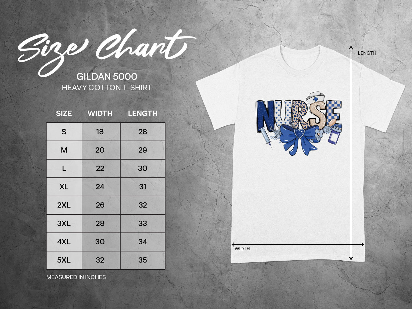 Gildan 5000 t-shirt size chart with width and length measurements in inches.