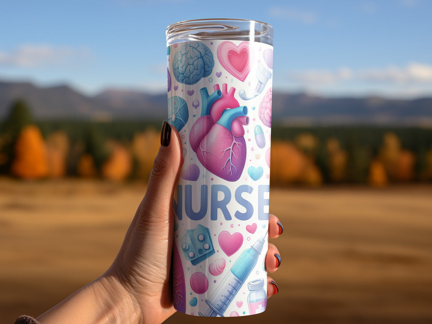 Tumbler with medical icons: brain, heart, syringe, stethoscope, and nurse text.
