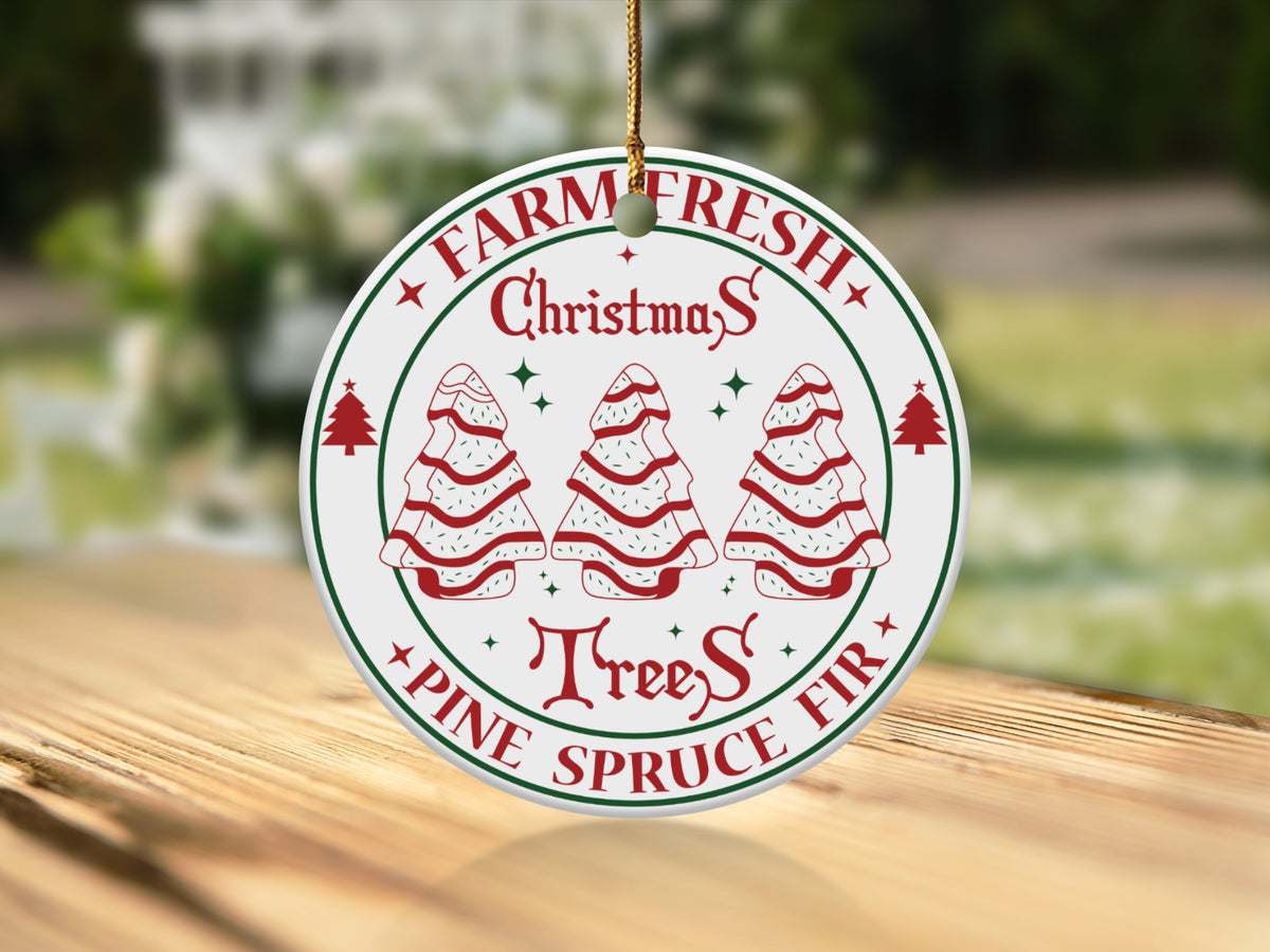 Round ornament with "Farm Fresh Christmas Trees Pine Spruce Fir" text and three decorated trees.