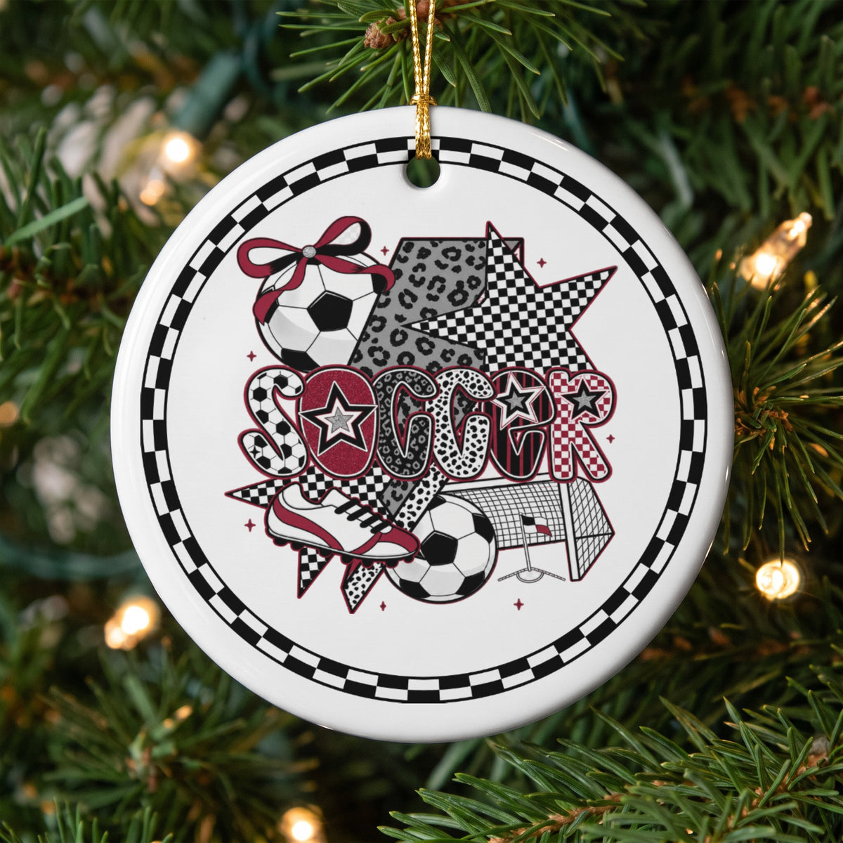 Round soccer ornament with checkered border, featuring soccer balls, a shoe, and the word "Soccer".