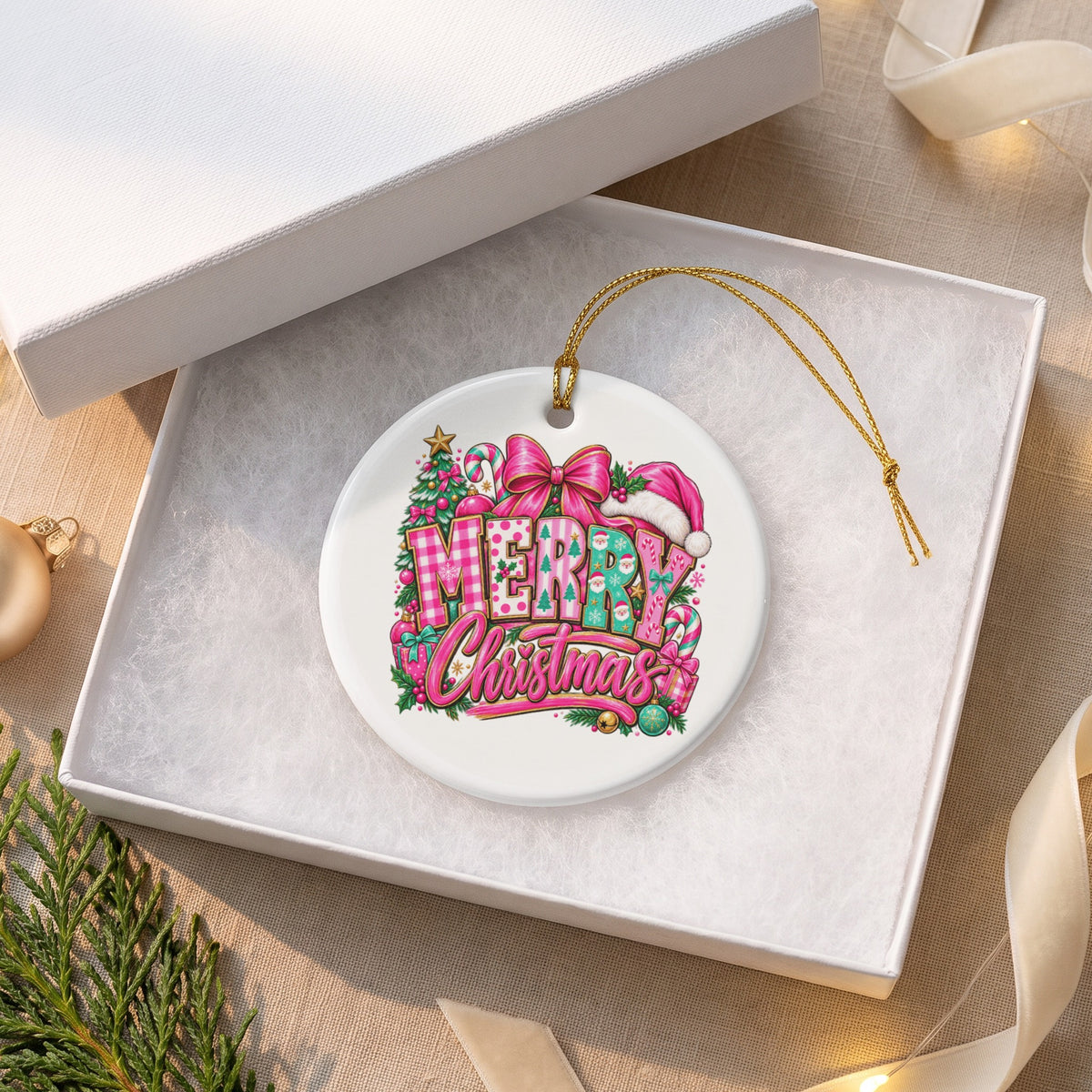 Round Christmas ornament with "Merry Christmas" text and festive designs inside an open white box.