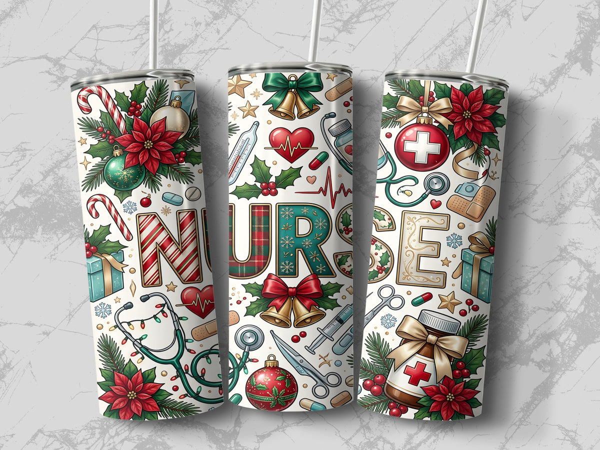 Three tall tumblers display a Christmas nurse pattern featuring candy canes, stethoscopes, medical icons, and festive foliage.