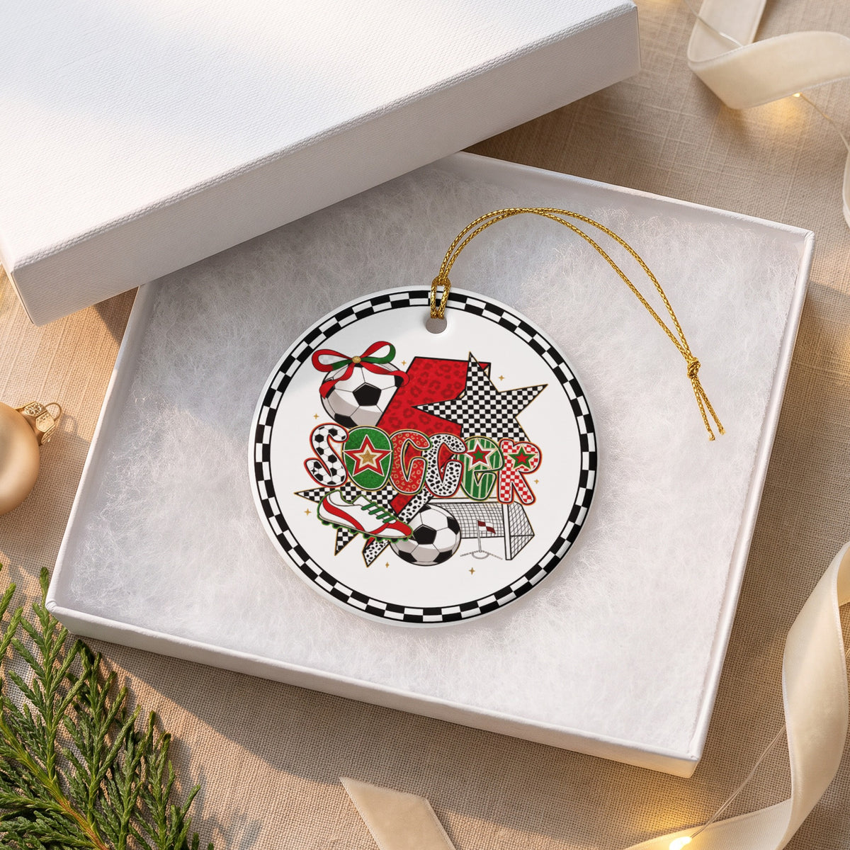Soccer ornament with festive patterns, soccer balls, and a cleat inside a white gift box.