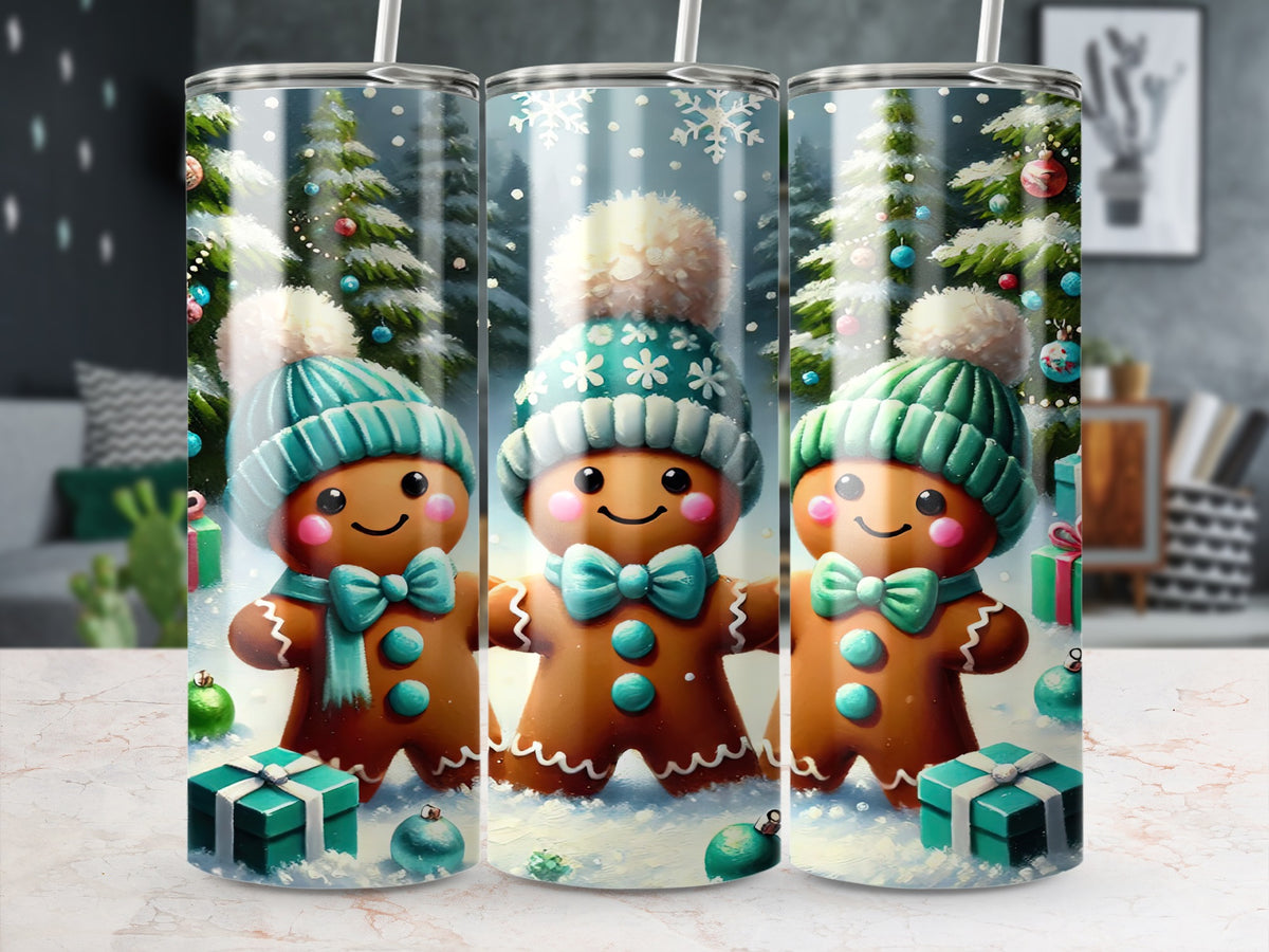 Three views of a tall tumbler featuring a Christmas gingerbread man design with teal winter hats and scarves.