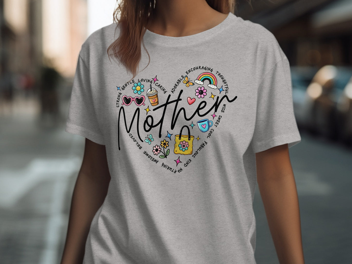 Gray t-shirt with "Mother" in a heart shape and positive adjectives.