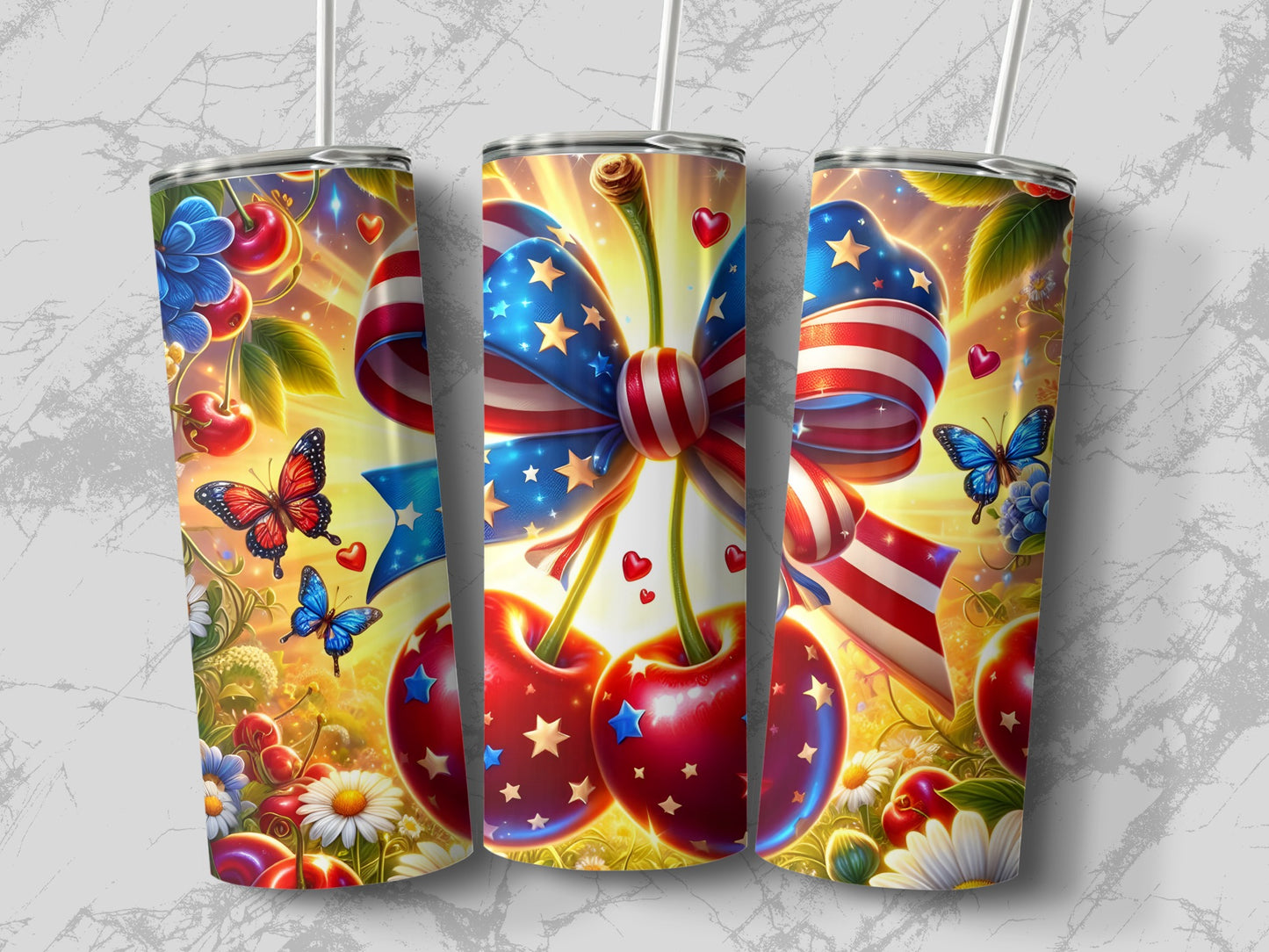 Red cherries with US flag bow, surrounded by flowers, leaves, and butterflies.