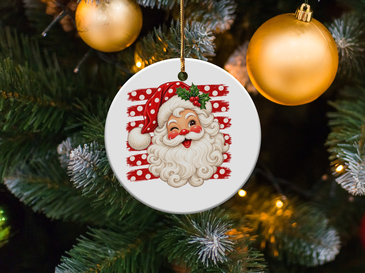 Round Christmas ornament featuring a winking Santa Claus with red polka dot hat and background.