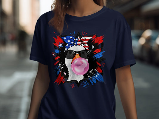 Goose wearing sunglasses and bandana blowing bubblegum.