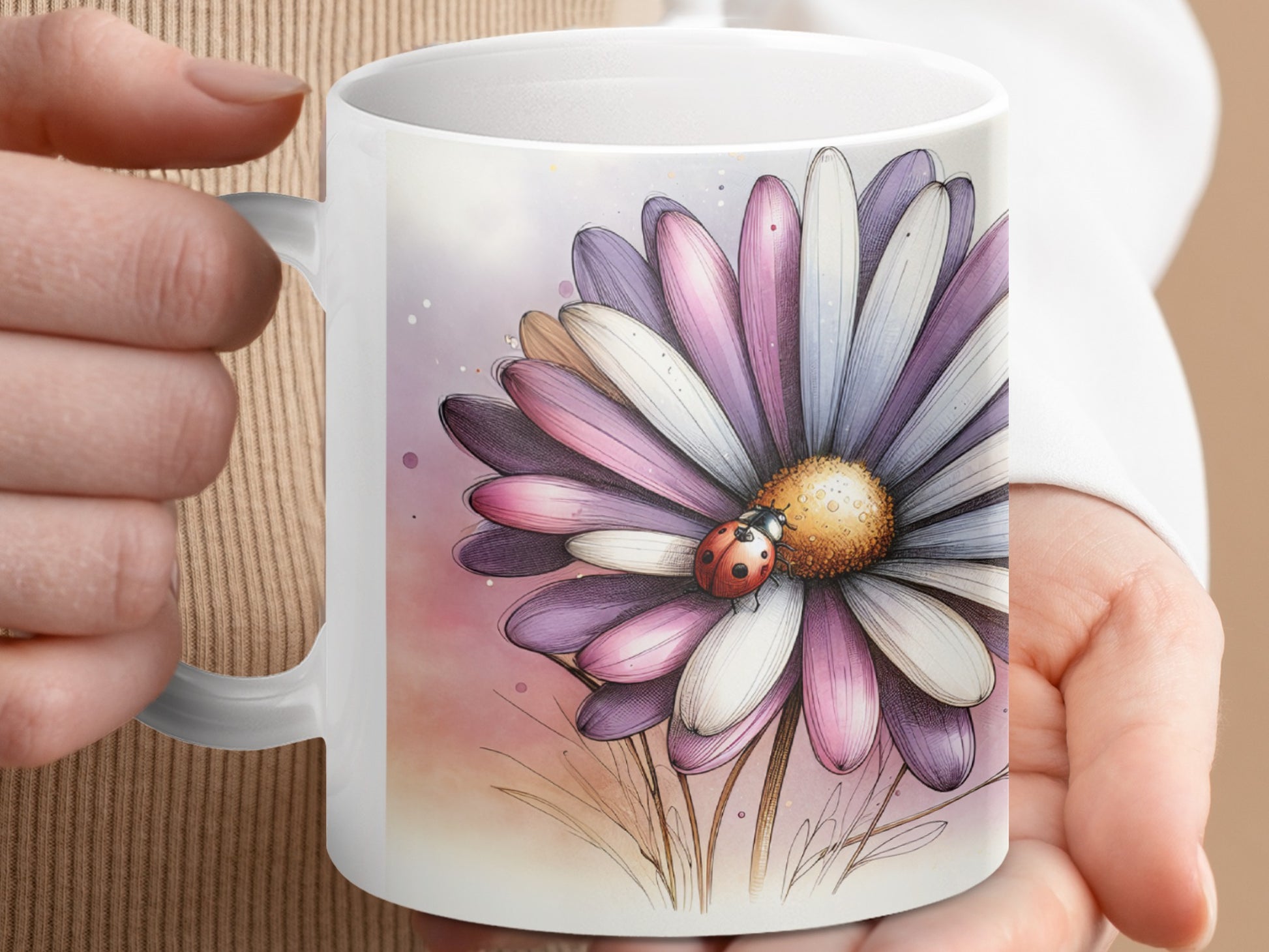 Floral Daisy Ladybug Watercolor Illustration Spring Home Decor product type
Mug, Cup, Drinkware, Floral, Flower, Daisy, Ladybug, Insect, Nature, Garden, Watercolor, Illustration, Art, Pink, Purple, White, Home Decor, Gift Idea, Spring Decor, Artistic Design
