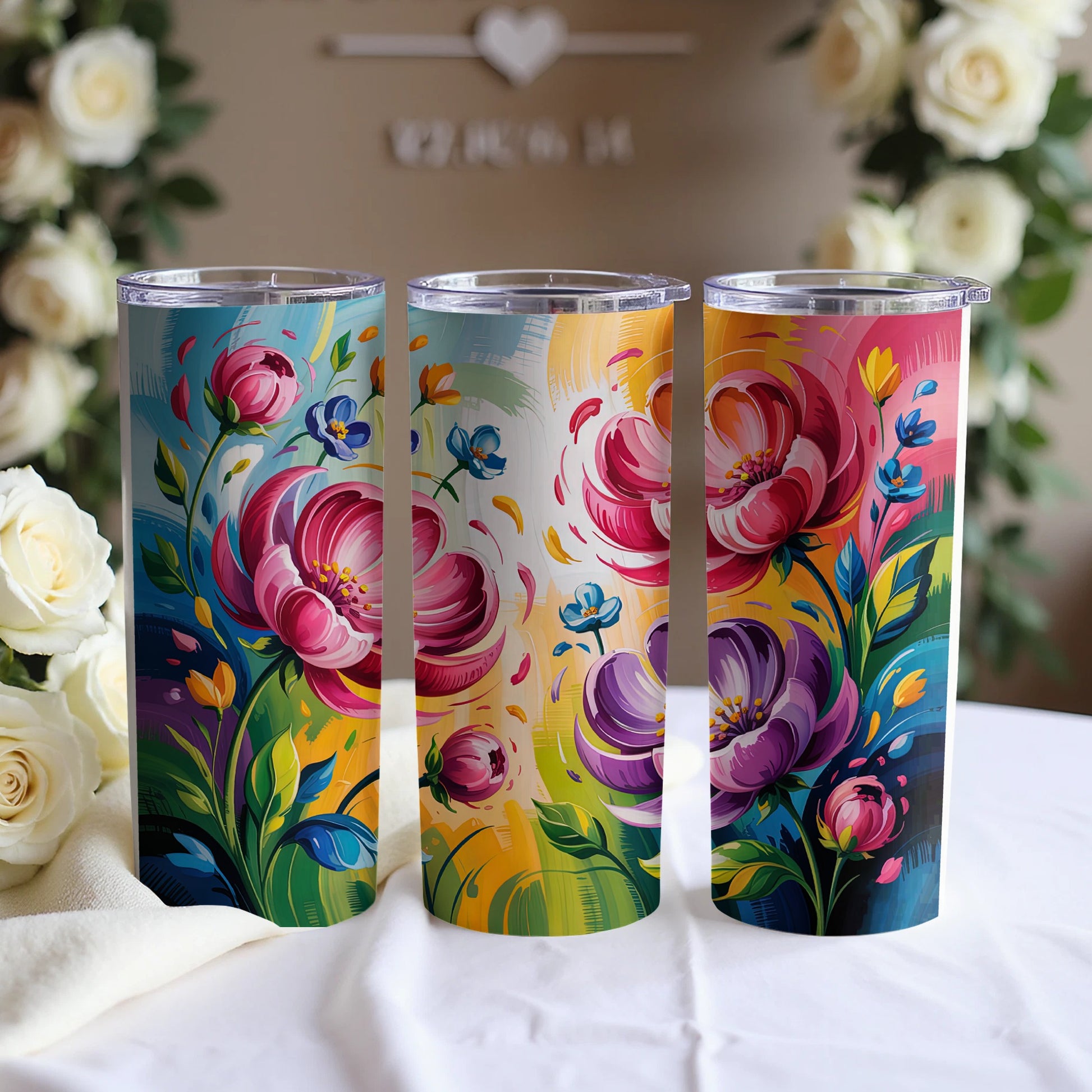 Three tumblers with vibrant floral designs in blues, pinks, and yellows.