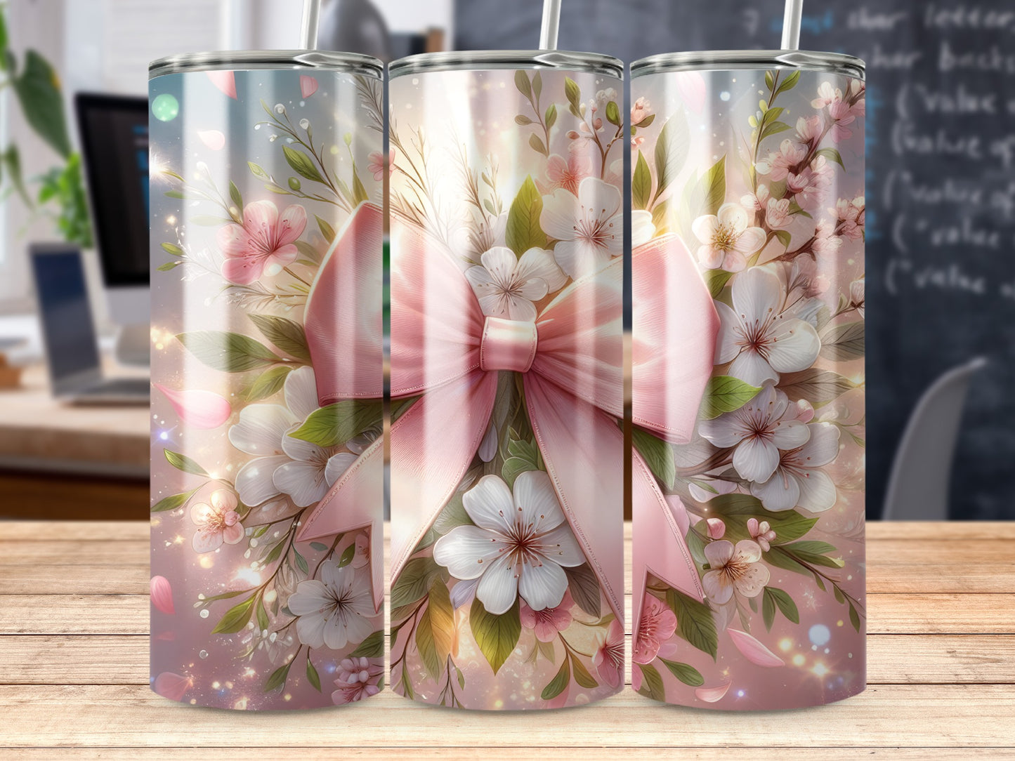Pink bow with white flowers and green leaves on a tumbler.