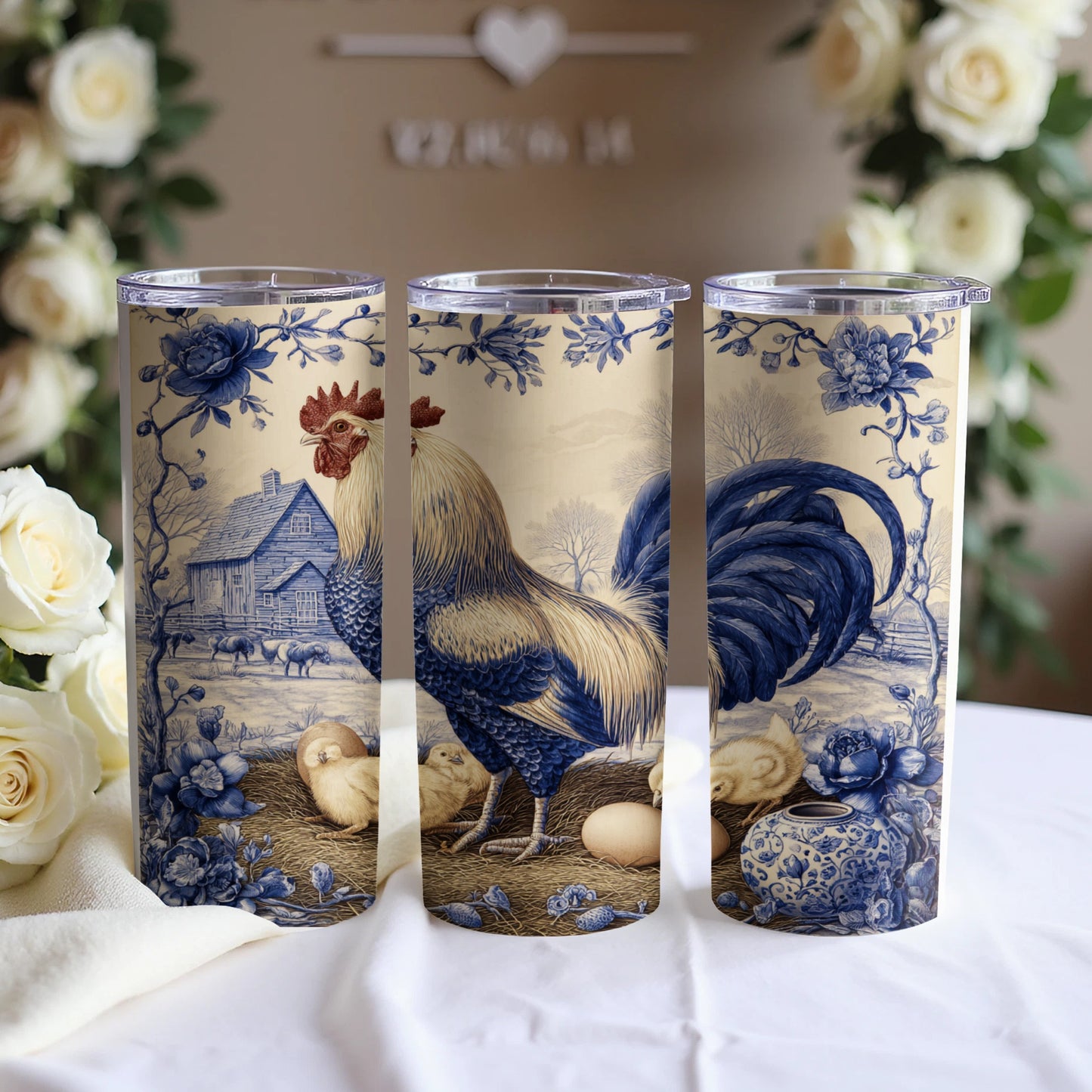 Rooster, chicks, and farm scene on three blue and white patterned tumblers.