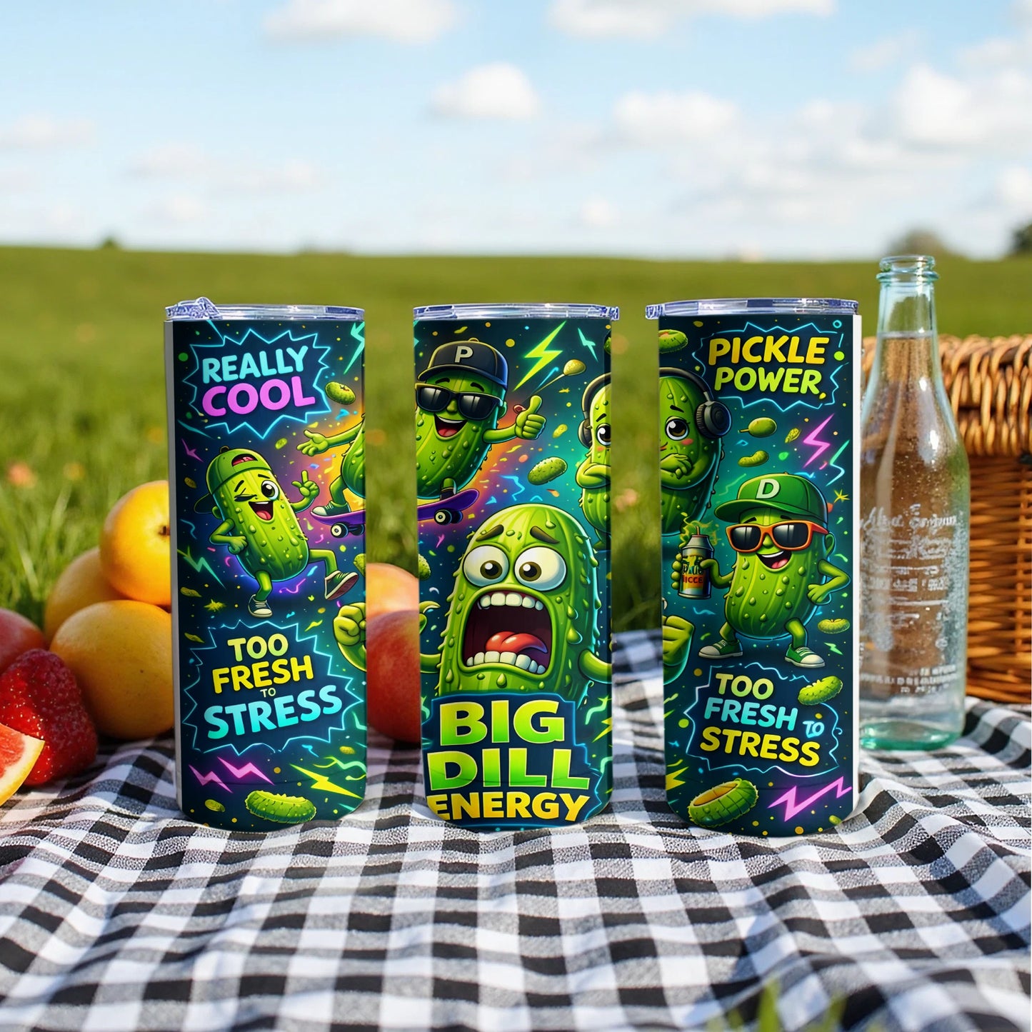 Three tumblers featuring cartoon pickles with text "Really Cool" and "Too Fresh to Stress".