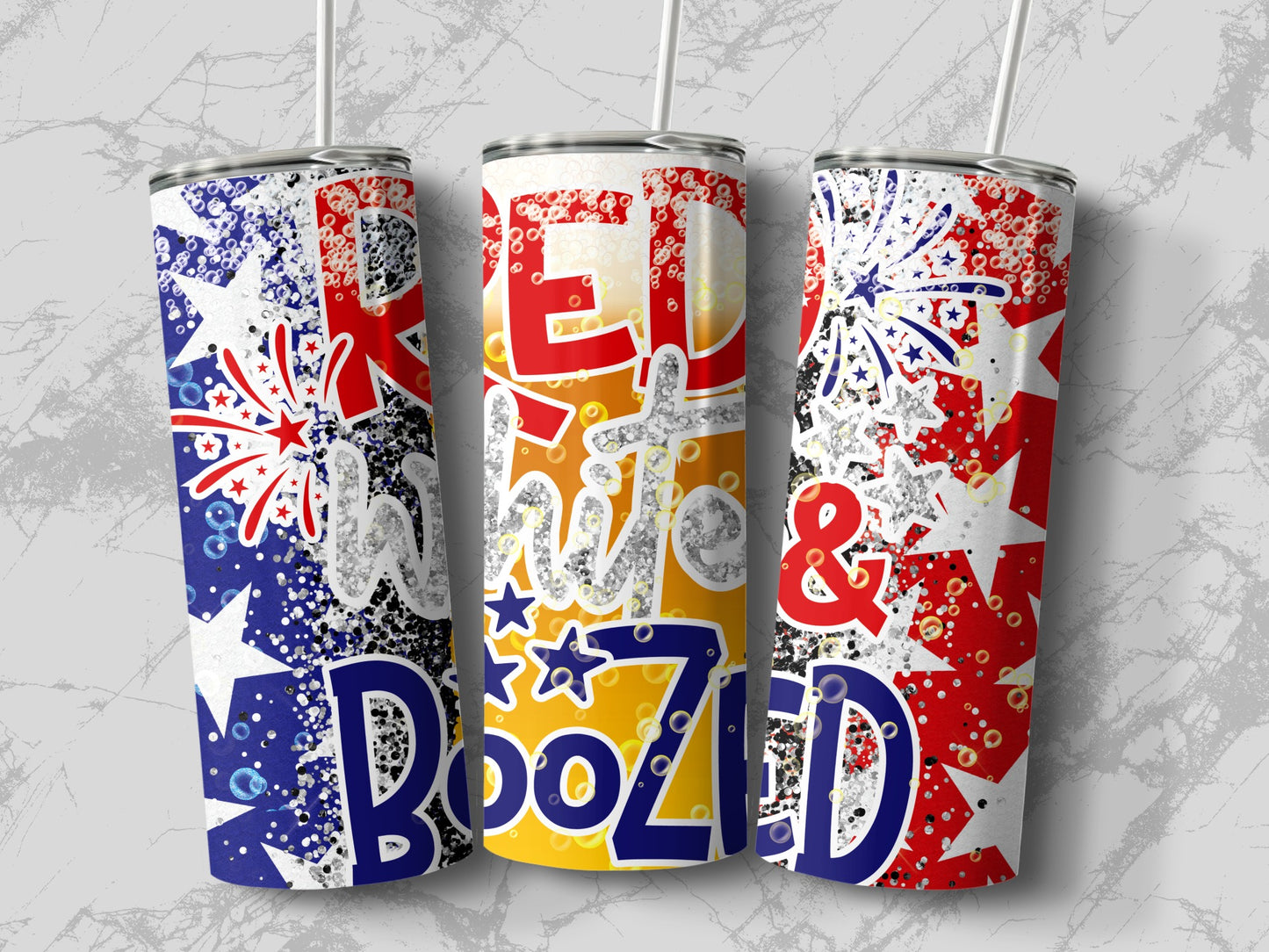 Three tumblers with "Red White & Booze'd" text and patriotic fireworks.