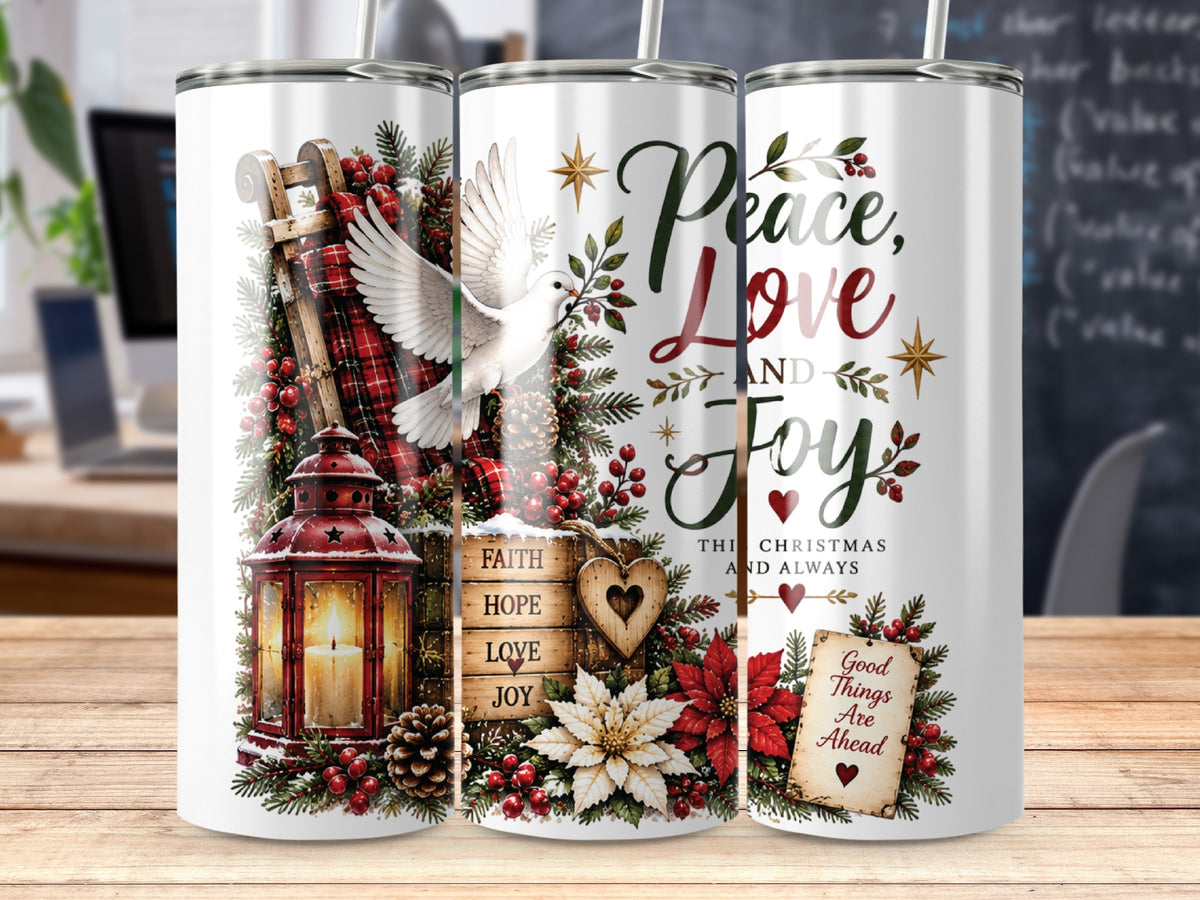 Three white tumblers with Christmas designs, featuring a dove, lantern, and text reading Peace, Love, and Joy.